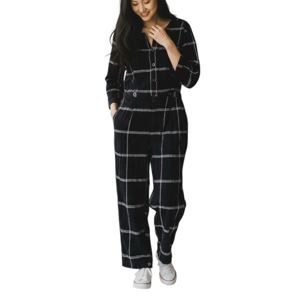 Free People Black Plaid Jumpsuit Small Button Front Gauze Modern Boho Casual - Picture 2 of 6
